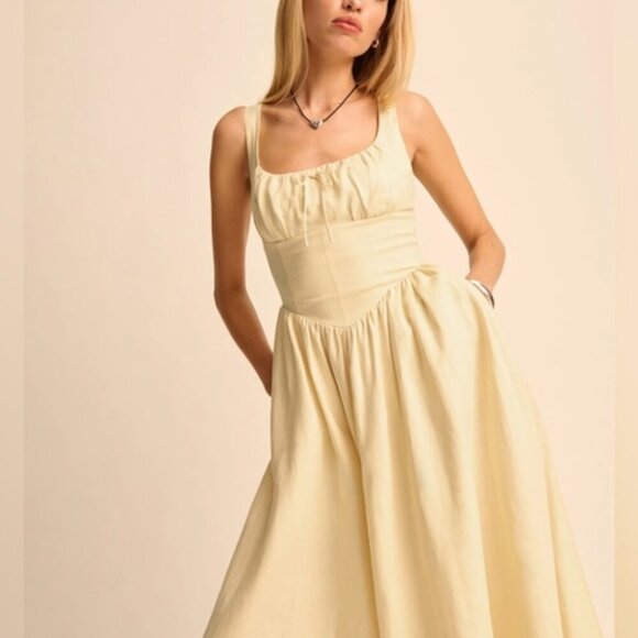 NEW Reformation Balia Linen Midi Dress in Parmesan Light Yellow | US 0 UK 4 - Picture 1 of 16